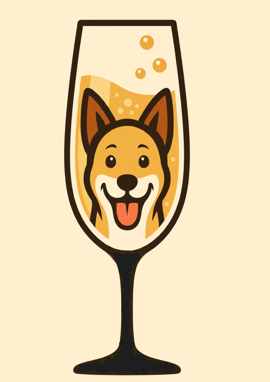 Bubble Hound's smiling dog mascot inside a Champagne flute